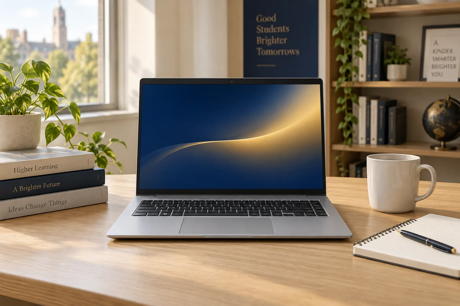 Ilustracyjny laptop biznesowy na biurku z notatnikiem