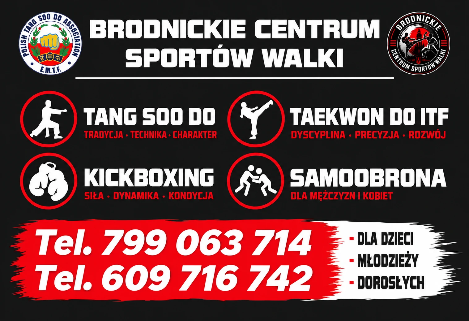 Plakat Brodnickiego Centrum Sportów Walki z dyscyplinami i numerami kontaktowymi